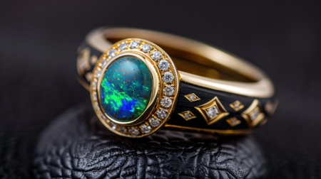 Stunning gold ring featuring a vibrant opal stone surrounded by sparkling diamonds, perfect for adding elegance and charm to any jewelry collection.の素材
