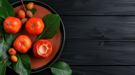 A beautiful arrangement of fresh persimmons surrounded by leafy greens on a rustic wooden table. Perfect for showcasing natural beauty and health.の素材