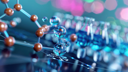 This stunning image features a close-up of molecular structures set against a vibrant, colorful background. The detailed elements showcase the intricacies of chemistry and scientific exploration.の素材