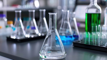 This image showcases a modern laboratory setting featuring various glassware filled with colorful chemical solutions, emphasizing scientific exploration.の素材