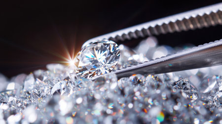 This striking image showcases a brilliant diamond being carefully held by tweezers, surrounded by sparkling gems. Perfect for luxury and jewelry themes.の素材