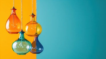 Vibrant and colorful glass pendant lamps showcase artistic design. Their unique shapes hang elegantly against a split orange and turquoise background, offering a cheerful ambiance.の素材