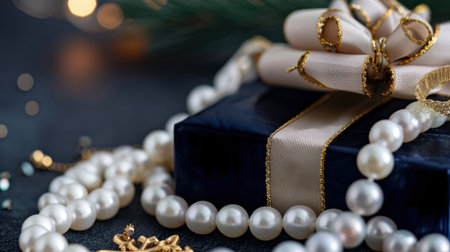 A beautifully arranged gift box adorned with a decorative bow and surrounded by lustrous pearls, creating a luxurious and festive atmosphere suitable for various celebrations.の素材