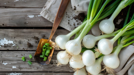 Freshly picked green onions lie on rustic wooden table next to a gardening scoop, showcasing the beauty of farm-to-table produce in natural light.の素材