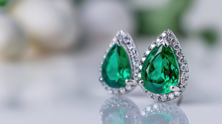 Stunning emerald earrings with a captivating teardrop shape set in silver, capturing both elegance and luxury, perfect for special occasions or gifts.の素材