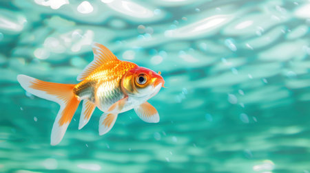A stunning image of a goldfish gliding through sparkling turquoise waters, perfect for capturing the essence of aquatic life and serene nature.の素材
