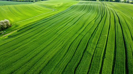 This stunning aerial photograph captures the vibrant green hues of agricultural fields, showcasing the beautiful patterns created by fresh crop growth in spring.の素材