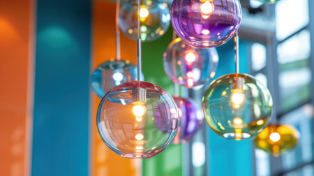 This captivating image showcases vibrant glass pendant lights in various colors, suspended in a lively modern interior, enhancing the visual appeal of the space.の素材