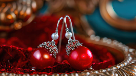 This image showcases exquisite red earrings featuring silver detailing and pearl accents, elegantly displayed against a rich background and texture.の素材
