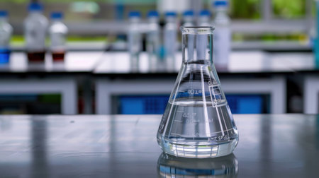 Clear laboratory flask filled with liquid placed on a surface, showcasing a professional science setup, ideal for educational and research purposes.の素材