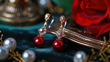 This stunning image showcases elegant red pearl earrings adorned with intricate gold detailing, beautifully arranged with pearls and a rose.の素材