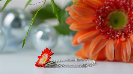 This captivating image features a delicate bracelet adorned with a striking gerbera flower and shimmering decorative orbs, highlighting elegance and beauty.の素材