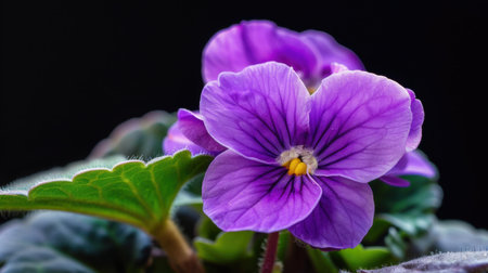 A stunning close-up of a purple violet flower showcasing delicate petals and lush green leaves set against a dark backdrop, highlighting natural beauty.の素材