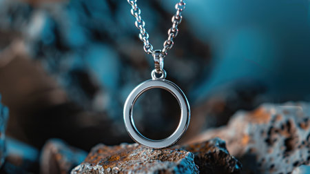 This stunning silver pendant necklace features a minimalist round design, beautifully showcased against a textured stone backdrop and soft blue lighting.の素材