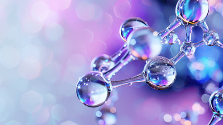 This vivid close-up image captures the intricate structure of a water molecule with colorful bokeh effects, highlighting the beauty of scientific themes in art.の素材