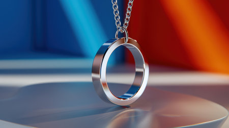 A striking silver pendant necklace showcases modern design with a sleek finish, beautifully suspended against vibrant blue and red geometric backgrounds.の素材