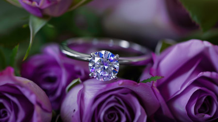 A stunning diamond ring is elegantly positioned amidst vibrant purple roses, symbolizing love and beauty. This enchanting floral arrangement captures romance and elegance perfect for special occasions.の素材
