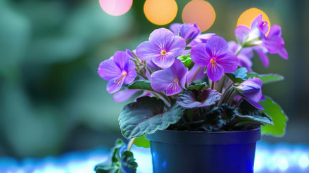A stunning representation of African violet flowers with vibrant purple petals beautifully arranged in a pot, illuminated by soft bokeh lights, creating a tranquil atmosphere.の素材