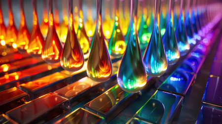 This striking image showcases colorful droplets reflecting light on metallic surfaces, creating a mesmerizing scene filled with vibrant hues and textures.の素材