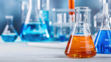 This image shows a vibrant laboratory setup featuring colorful liquids in various glass containers, ideal for scientific research and educational purposes.の素材