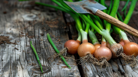 A beautiful arrangement of fresh onions and green onions sits on a rustic wooden table alongside a gardening tool. Perfect for food photography.の素材