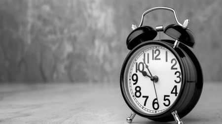 This classic black alarm clock sits elegantly on a wooden surface, emphasizing the importance of time management and daily routines in a stylish monochrome setting.の素材