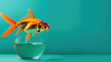 A vibrant goldfish leaps above the water surface in a round glass bowl, set against a turquoise backdrop, capturing a moment of grace and beauty.の素材