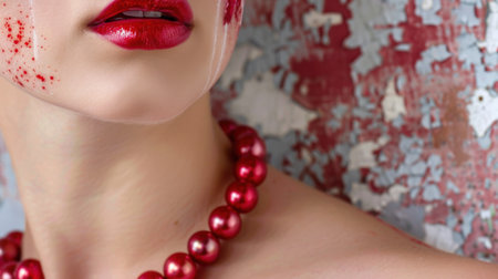 This striking close-up portrait features a woman with bold red lipstick and artistic paint splatter artfully applied to her skin, set against a textured wall.の素材