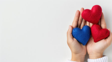 A pair of hands gently hold three colorful felt hearts in red and blue, symbolizing love and friendship against a light backdrop. Perfect for conveying affection.の素材