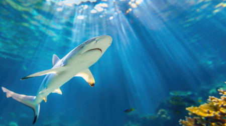 A stunning image of a shark swimming gracefully in clear ocean waters, illuminated by vibrant sunlight filtering through the surface, with coral in the background.の素材