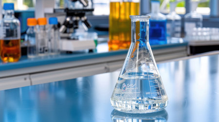 A clear liquid contained in a lab flask rests on a polished laboratory table. Nearby, colorful chemicals and scientific tools indicate active research and experimentation.の素材