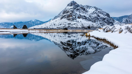 A breathtaking scene showcasing a snow-covered mountain reflected in a still lake, surrounded by serene wilderness and a cloudy sky in winter.の素材