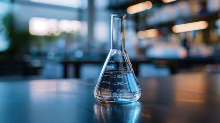 A clear glass flask containing liquid sits on a dark table in a modern laboratory. Bright light from the background enhances the focus on the scientific equipment, showcasing a professional research environment.の素材