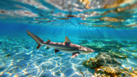 A stunning underwater scene showcases a graceful shark swimming through crystal clear tropical waters, illuminated by gentle sunlight filtering from above.の素材