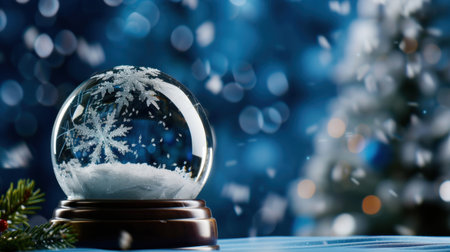 A stunning snow globe depicting delicate snowflakes, set against a soft blue bokeh background. This magical winter scene captures the essence of holiday spirit and charm.の素材
