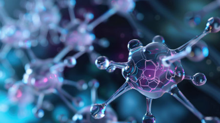 This striking image captures an abstract representation of molecular structures with interconnected atoms and delicate strands in vibrant colors, perfect for scientific themes.の素材