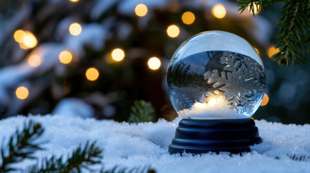 A beautifully crafted snow globe showcases an intricate snowflake design, resting on a snowy surface. The background features glowing Christmas lights, creating a warm, festive atmosphere.の素材