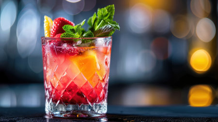 A vibrant summer cocktail featuring strawberries, mint, and citrus served over ice in a crystal glass, perfect for parties and celebrations.の素材