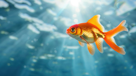 A beautiful goldfish swims gracefully through sunlit water, surrounded by soft blue tones and radiant sunrays, showcasing nature's vibrant aquatic life.の素材