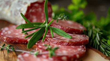 This image showcases fresh slices of artisanal salami beautifully arranged on a wooden platter, garnished with vibrant green herbs, creating an inviting gourmet presentation.の素材