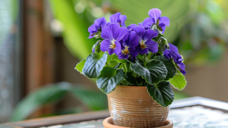 This image showcases a stunning display of vibrant purple flowers in a charming pot, capturing the beauty of nature and enhancing indoor spaces.の素材