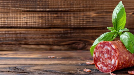 This close-up image features fresh Italian salami paired with vibrant green basil leaves on a rustic wooden background, showcasing delicious gourmet ingredients.の素材