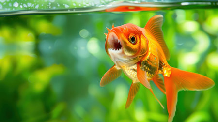 A stunning close-up of a vibrant goldfish swimming in crystal clear water, surrounded by lush green aquatic plants, showcasing the beauty of underwater life.の素材