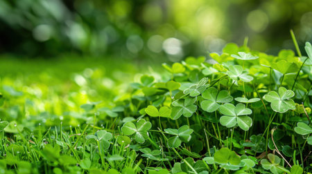 A picturesque view of vibrant green clover leaves spread across a lush grass landscape. The gentle morning light creates a serene atmosphere, highlighting nature's beauty.の素材