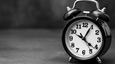 A classic black alarm clock sits prominently on a dark surface, featuring clear hour and minute markings. Its retro aesthetic conveys simplicity and timeless design.の素材