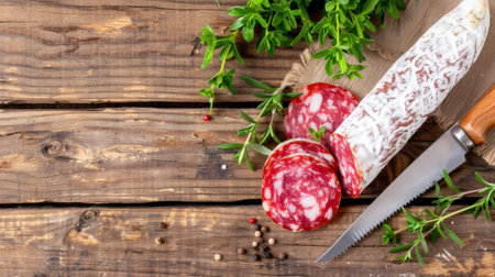 A beautiful display of freshly sliced salami accompanied by vibrant herbs and a knife, set against a rustic wooden table, perfect for culinary inspiration.の素材