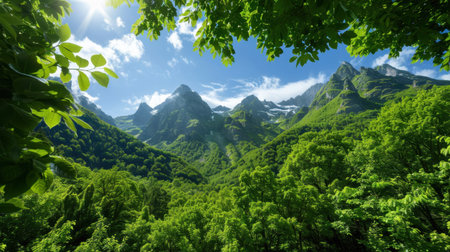 Witness the stunning beauty of lush green mountains under a clear blue sky, surrounded by vibrant forests and meadows. Perfect for nature lovers.の素材