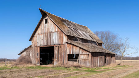 This rustic wooden barn stands in an expansive rural field under a clear blue sky, showcasing weathered textures and a serene landscape perfect for country-themed photography.の素材