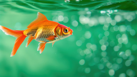 A mesmerizing image of a vibrant goldfish swimming gracefully underwater. The fish showcases its bright orange color against a captivating backdrop of shimmering green water and bubbly sunlit reflections.の素材
