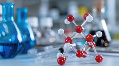 This image showcases a colorful molecular model prominently displayed on a laboratory table. In the background, various scientific glassware appears, illustrating a dynamic research environment ideal for educational and scientific themes.の素材